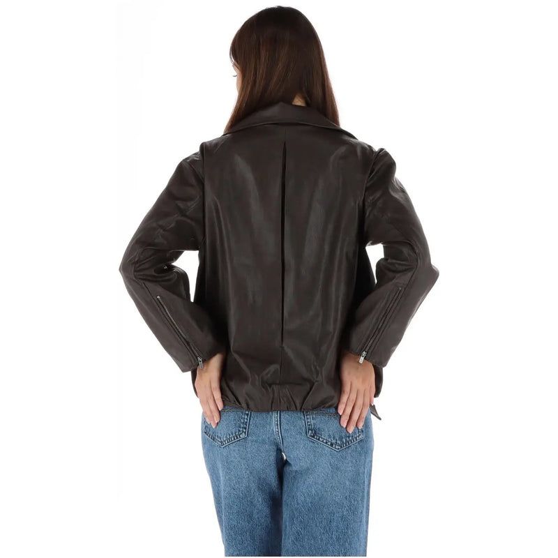 Pepe Jeans women brown polyurethane zip blazer featuring black leather biker jacket style with zipped sleeves and central seam