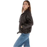 Pepe Jeans women brown polyurethane zip blazer featuring a black leather bomber jacket style with belted waist and zippered pockets