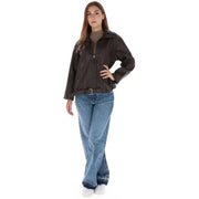 Pepe Jeans women brown polyurethane zip blazer styled as a dark brown leather moto jacket with zipper front and belt detail