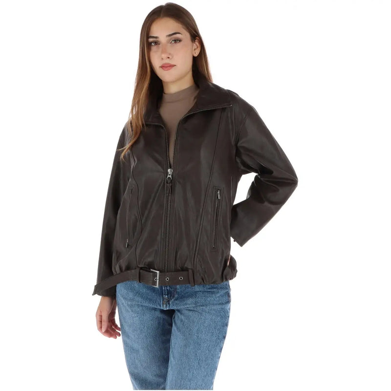 Black leather moto jacket with silver zippers and matching belt paired with pepe jeans women brown polyurethane zip blazer