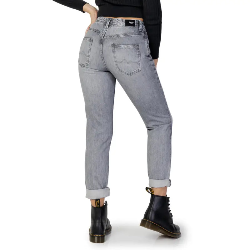 Pepe Jeans women grey cotton jeans with classic five-pocket styling light-wash straight-leg rolled cuffs
