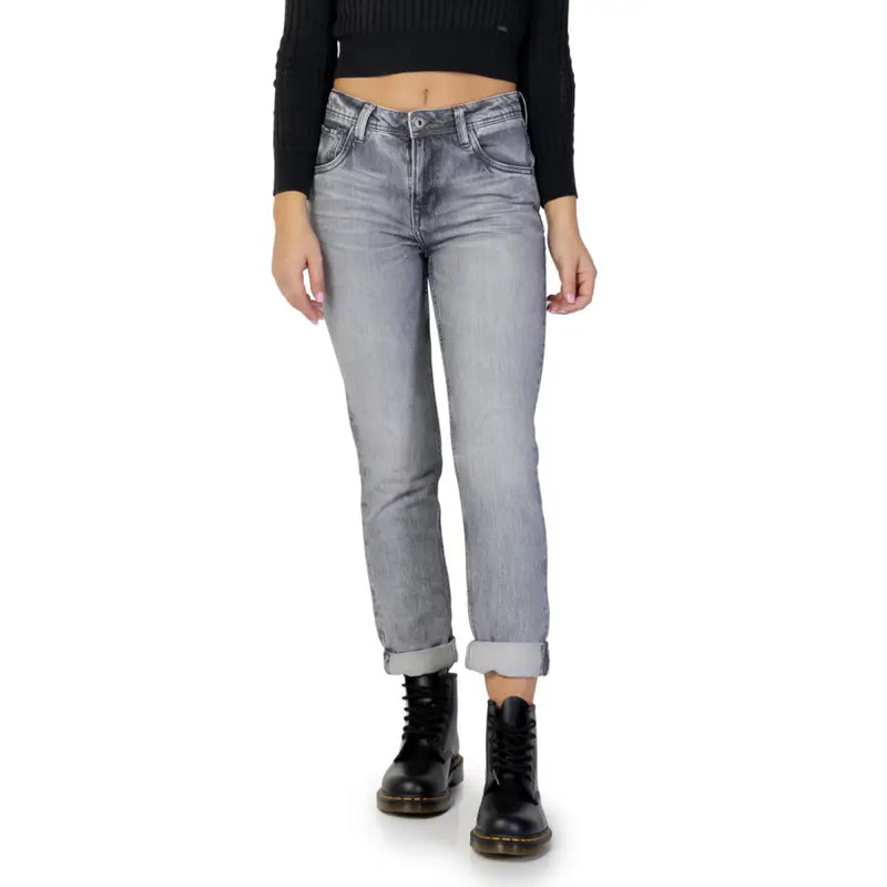 Pepe Jeans women grey high-waisted cotton denim jeans with faded wash classic five-pocket styling and rolled cuffs