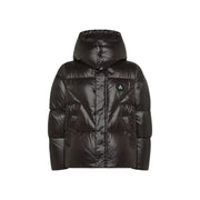 Black moncler down jacket with hood and quilted design.