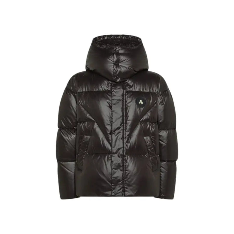 Black moncler down jacket with hood and quilted design.