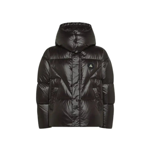 Black moncler down jacket with hood and quilted design.