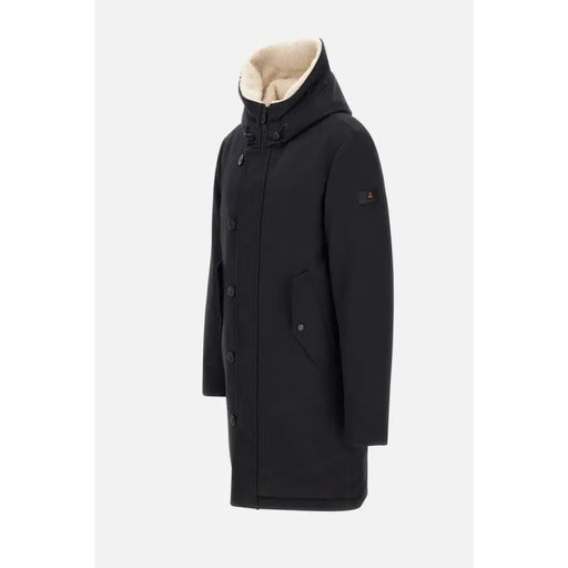 Blazer homme Peuterey, veste d'hiver noire en laine mélangée avec capuche noire et doublure intérieure beige peluche, logo sur la manche.