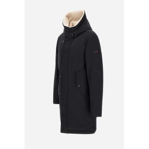 Peuterey men blazer black wool blend winter jacket with black hood and plush beige interior lining with sleeve branding