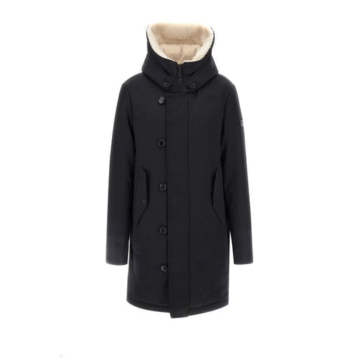 Blazer Peuterey pour homme, veste d'hiver en laine mélangée noire avec capuche doublée beige peluche et fermeture boutonnée sur le devant