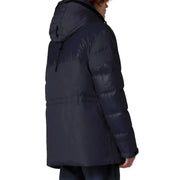 Navy blue puffer jacket with hood and quilted design, columbia brand.