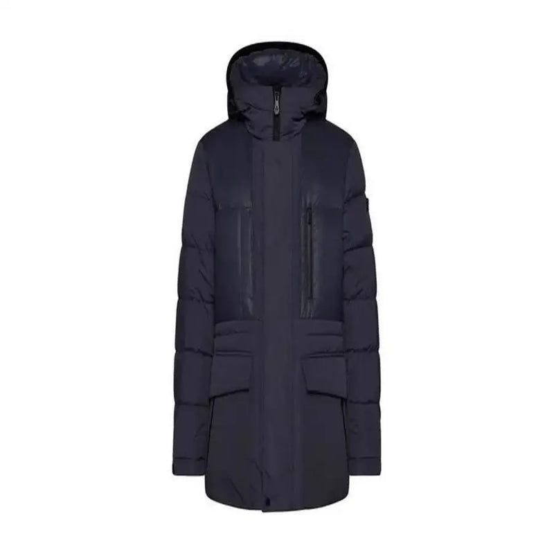 Navy blue puffer jacket with hood and multiple pockets, likely made of synthetic material.