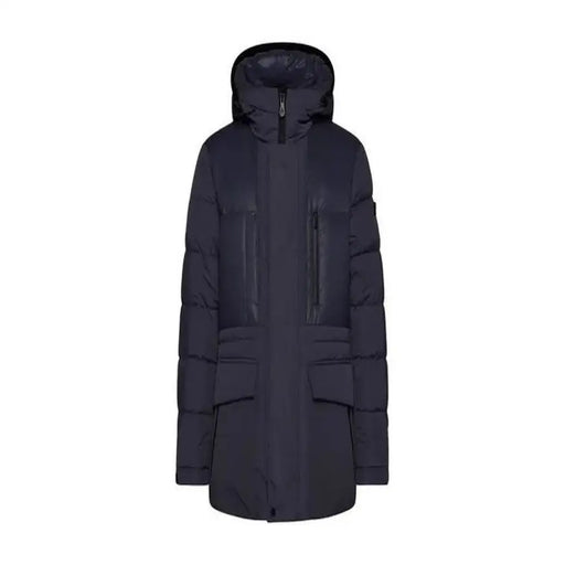Navy blue puffer jacket with hood and multiple pockets, likely made of synthetic material.