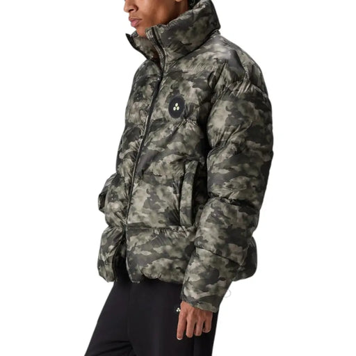 Camouflage print puffer jacket with black accents and a hood.