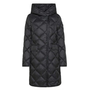 Peuterey women black quilted hooded down coat with diamond stitching and front pockets for cold weather