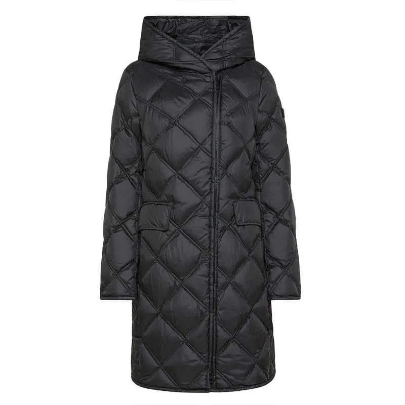 Peuterey women black quilted hooded down coat with diamond stitching and front pockets for cold weather