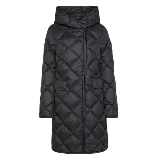 Doudoune matelassée noire à capuche Peuterey pour femme, ornée de surpiqûres en losange et de poches avant, idéale par temps froid.