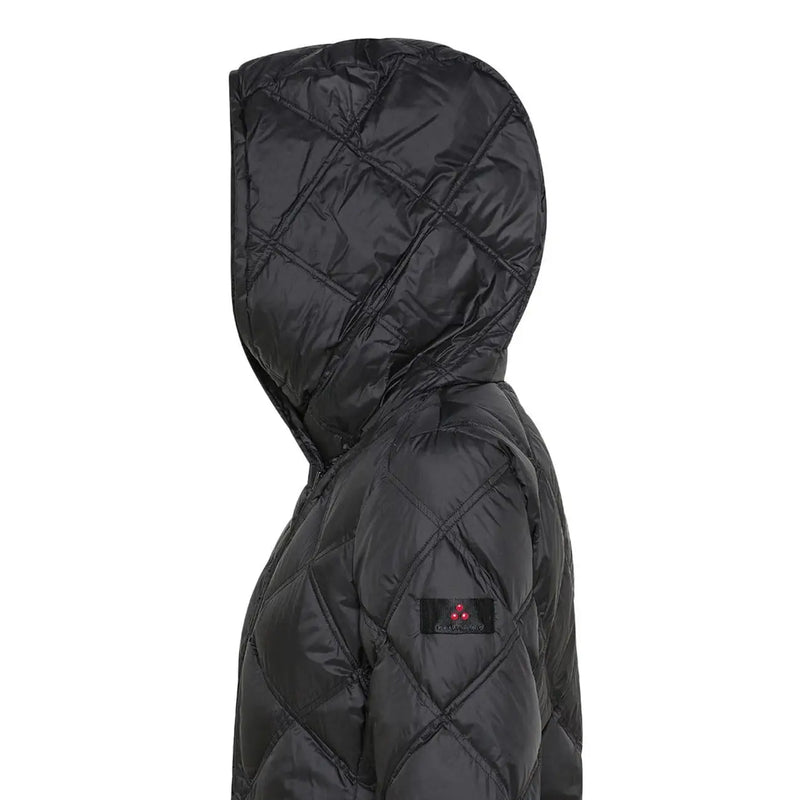 Peuterey women black down filled quilted hooded puffer jacket with diamond stitching and sleeve brand patch