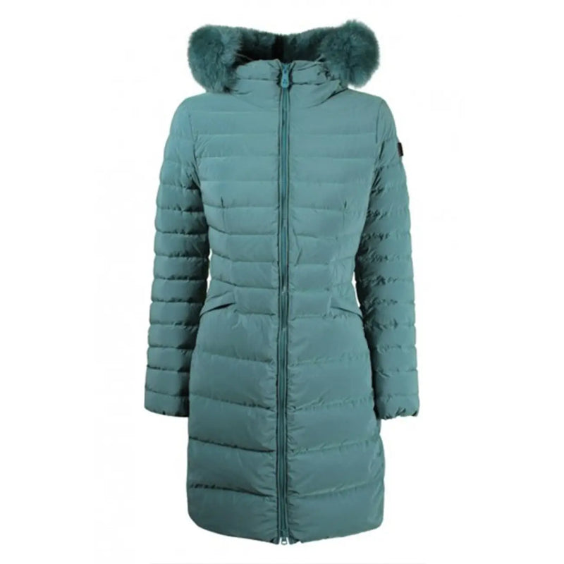Manteau d'hiver matelassé turquoise en polyamide pour femme Peuterey, avec capuche doublée de fourrure, conçu pour les conditions hivernales.