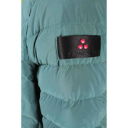 Veste à capuche turquoise Peuterey pour femme en polyamide, avec étiquette tissée noire et trois boutons rouges.
