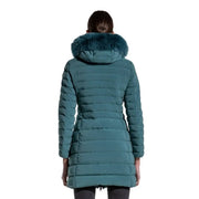 Doudoune matelassée turquoise Peuterey pour femme, avec capuche doublée de fourrure douce, en polyamide, idéale par temps froid.