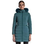 Veste à capuche turquoise Peuterey pour femme, en polyamide, avec capuche doublée de fourrure et matelassée.