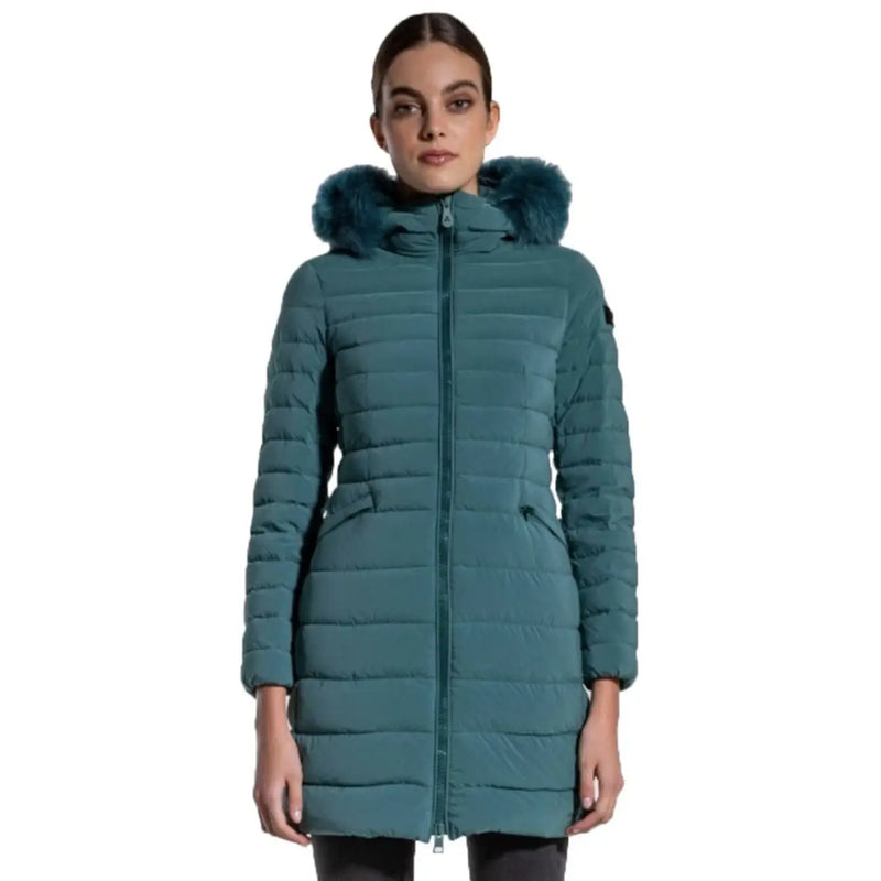 Veste à capuche turquoise Peuterey pour femme, en polyamide, avec capuche doublée de fourrure et matelassée.
