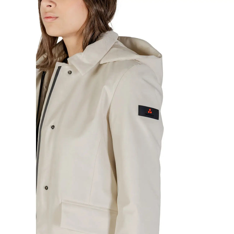 Peuterey women white blazer zip hood polyamide beige hooded jacket with black zipper button details and black sleeve patch