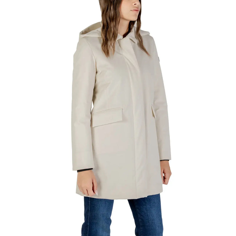 Beige hooded trench coat with sleek minimalist design and black trim cuffs in peuterey women white blazer zip hood polyamide