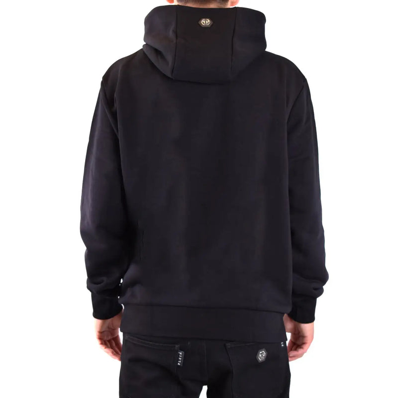 Sweat-shirt à capuche Philipp Plein pour homme, en coton noir, vu de dos, avec logo métallique discret au col et pantalon assorti.
