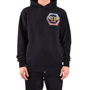 Sweat à capuche Philipp Plein pour homme, en coton noir, avec logo brodé multicolore sur la poitrine.