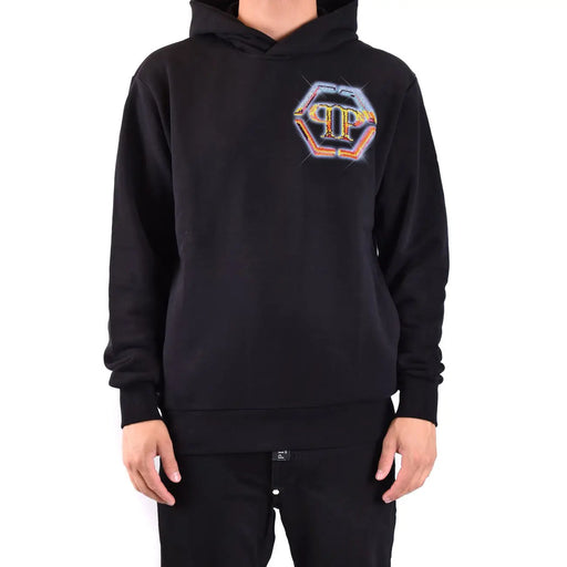 Sweat à capuche Philipp Plein pour homme, en coton noir, avec logo brodé multicolore sur la poitrine.