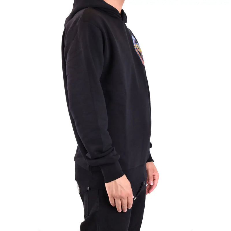 Sweat à capuche noir en coton pour homme Philipp Plein, orné d'un écusson graphique coloré sur la poitrine gauche.