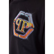Sweat-shirt à capuche Philipp Plein pour homme, en coton noir, orné d'un logo hexagonal audacieux et de strass jaunes, oranges et turquoise.