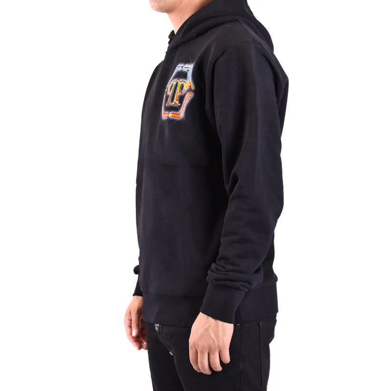 Sweat à capuche Philipp Plein pour homme, en coton noir, orné d'un logo brodé coloré et audacieux sur la poitrine.