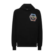 Sweat à capuche Philipp Plein pour homme en coton noir, orné d'un logo PP hexagonal irisé et vibrant sur la poitrine.