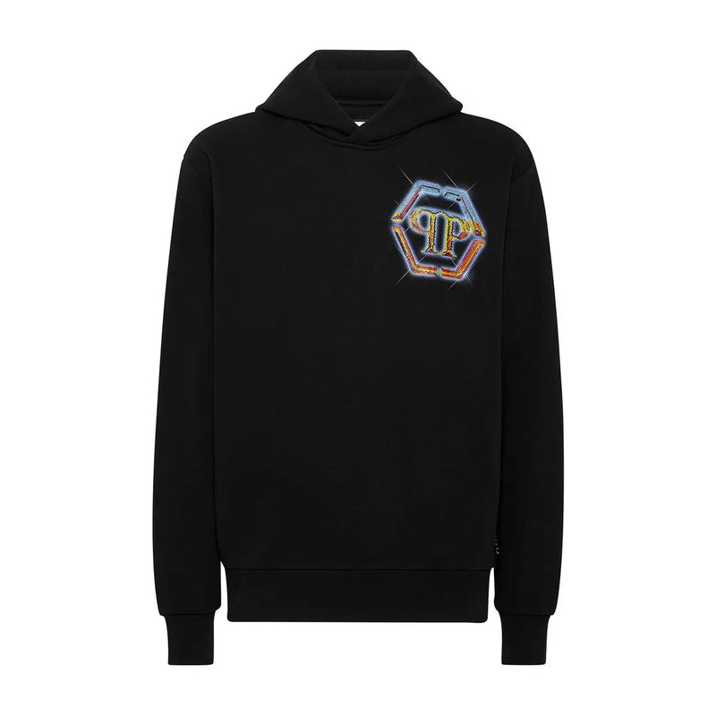 Sweat à capuche Philipp Plein pour homme en coton noir, orné d'un logo PP hexagonal irisé et vibrant sur la poitrine.