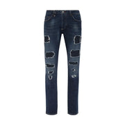 Jean bleu déchiré pour homme Philipp Plein, orné de multiples empiècements usés en coton à effet délavé