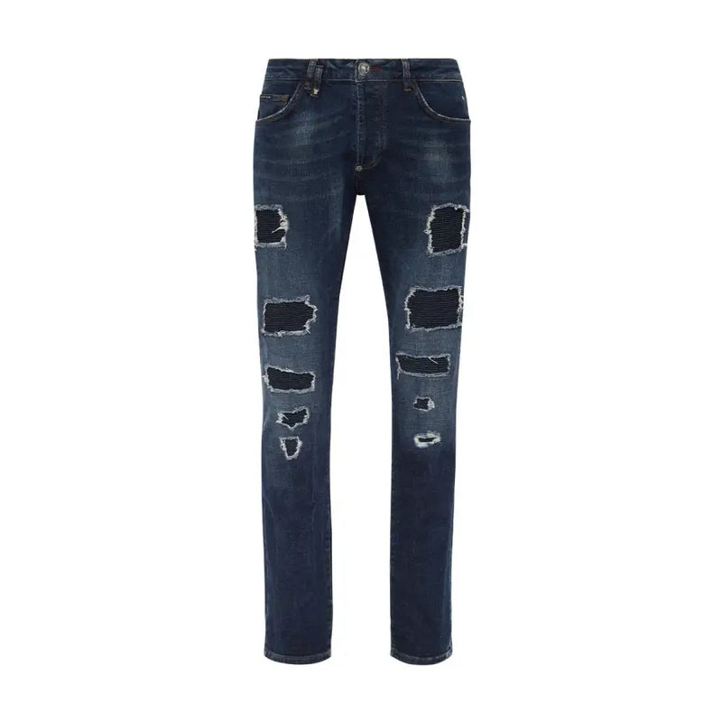 Jean bleu déchiré pour homme Philipp Plein, orné de multiples empiècements usés en coton à effet délavé