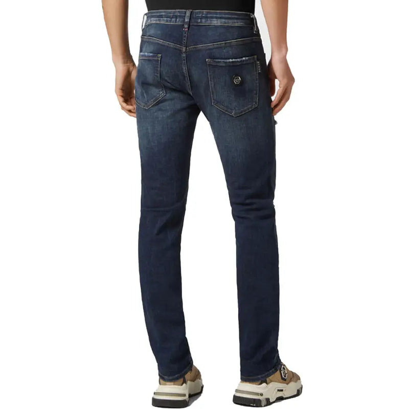 Jean slim bleu foncé Philipp Plein pour homme, déchiré, effet usé, dos en coton avec poche logotée.