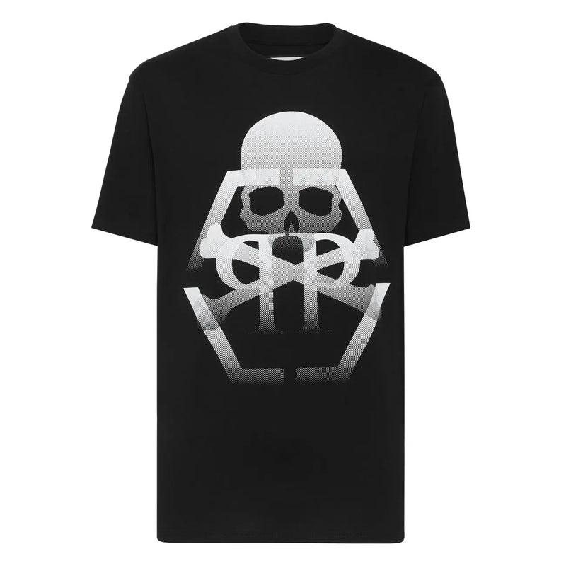 Black Philipp Plein men t-shirt with bold white gradient skull and crossbones graphic and halftone texture on front