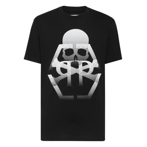 Homme Philipp Plein noir t-shirt avec un motif graphique audacieux de crâne et d'os croisés en dégradé blanc et une texture en demi-teintes sur le devant