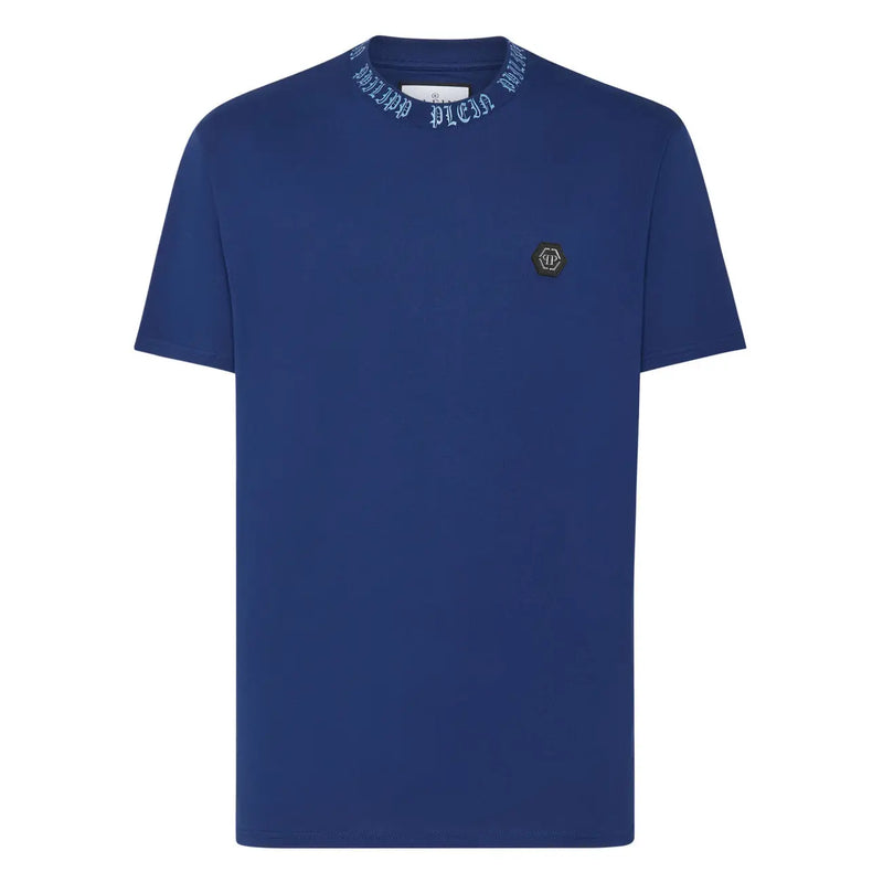 Philipp Plein men t-shirt navy blue short-sleeved with ribbed collar white embroidered text and black logo patch on chest