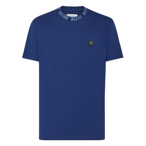 Philipp Plein hommes t-shirt T-shirt bleu marine à manches courtes et col côtelé, avec inscription blanche brodée et logo noir sur la poitrine.