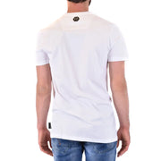 Homme Philipp Plein Blanc t-shirt avec un logo hexagonal noir à l'encolure et une petite étiquette noire dans le bas du dos