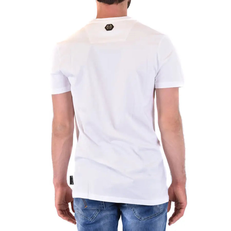 Homme Philipp Plein Blanc t-shirt avec un logo hexagonal noir à l'encolure et une petite étiquette noire dans le bas du dos