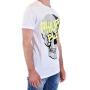 Philipp plein hommes t-shirt en blanc avec un motif de crâne audacieux orné de paillettes argentées et de lettres jaune fluo