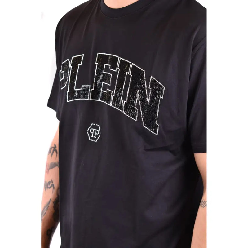 T-shirt noir à manches courtes Philipp Plein pour homme t-shirt avec une typographie audacieuse soulignée de strass et un petit logo blanc en dessous