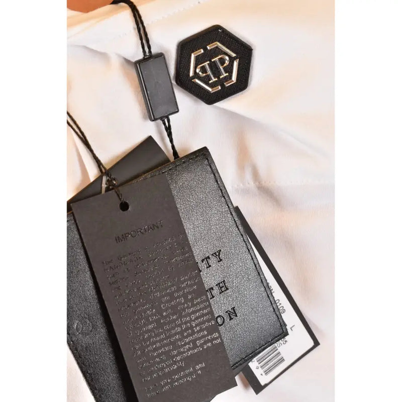 T-shirt homme Philipp Plein avec étiquette hexagonale noire et logo PP argenté entrelacé