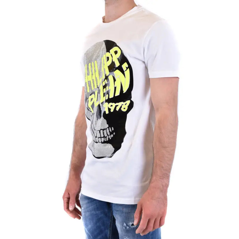 Homme Philipp Plein Blanc t-shirt orné d'un motif de crâne audacieux avec des paillettes noires et argentées et un texte jaune fluo