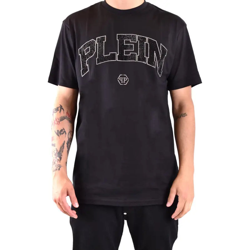 Homme Philipp Plein noir t-shirt à manches courtes et inscription argentée scintillante et logo sur la poitrine