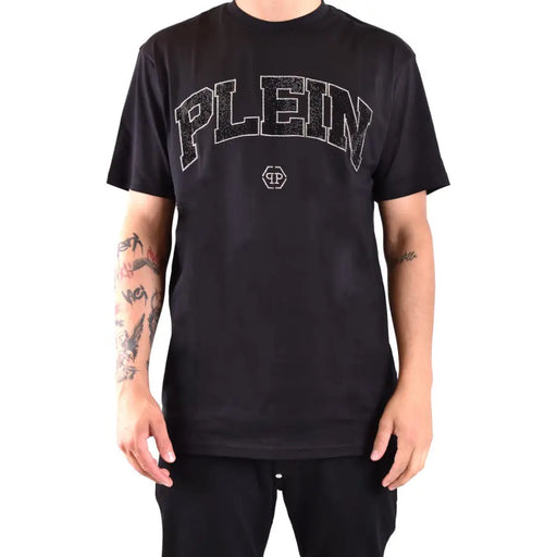 Homme Philipp Plein noir t-shirt à manches courtes et inscription argentée scintillante et logo sur la poitrine